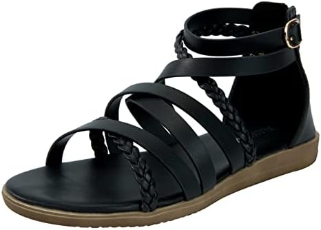 Braided Strappy Gladiator Sandals for Women Dressy Summer Flat 2022,Beach Walking Sandals Low Wedge,Women's Athletic & Outdoor Sandals,Open Toe Cross Ankle Strap,Ladies Roman Shoes Casual Comfortable Black