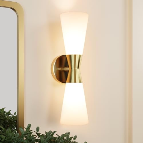 Image of Bathroom Wall Sconce, Modern Indoor Vanity Light Fixtures 17 inch, Up Down Lighting, Wall Mount Lamp for Living Room Bedroom Hallway Stairway Fireplace Mirror E26 Base 1PC White&Gold