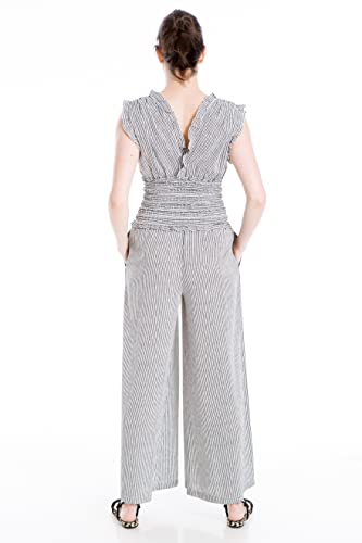 Max Studio Women's V-Neck Smocked Waist Jumpsuit, Cream/Black Stripe Dash, Small #TOP2
