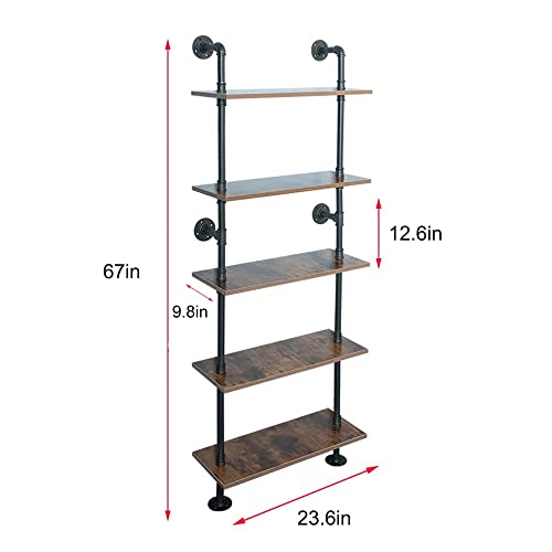 Heoniture 5 Shelf Industrial Pipe Shelving, Black Modern Bookcase Bookshelf, Wall Mount Ladder Shelf With Metal Frame Display Selves #TOP3