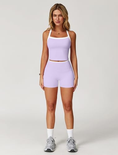 Image of ABOCIW 2 Pieces Workout Sets for Women, Cross Back Tank Top Matching High Waist Biker Shorts, Gym Yoga Pilates Outfits