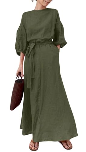 Image of CHARTOU Women Elegant Long Dress Boat Neck 3 /4 Lantern Sleeve Cotton Linen Dress with Belt