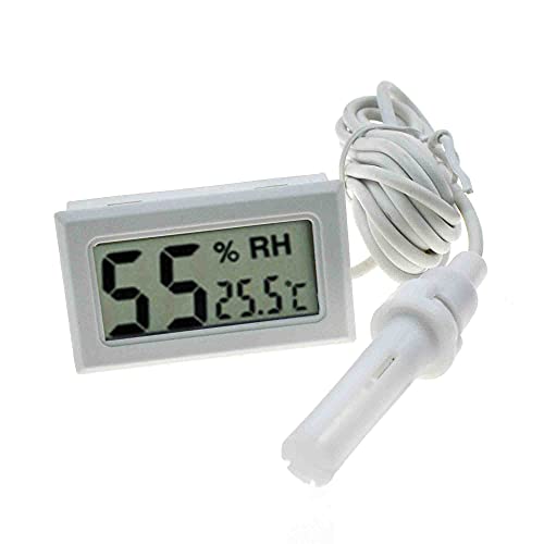 Mini termómetro higrómetro integrado FY-12 LCD digital medidor de temperatura y humedad monitor con sonda externa para incubadoras, criadoras, tanque de reptiles, acuario, pecera (blanco)