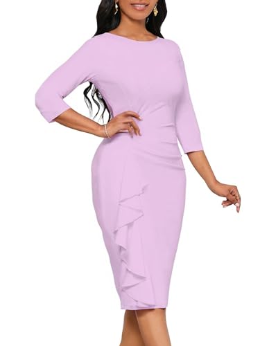 Image of Church Dresses for Women 3 /4 Sleeve Ruffle Vintage Bodycon Cocktail Work Midi Pencil Dress