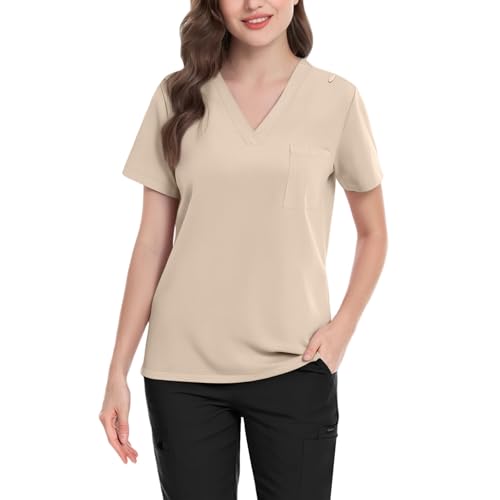 Image of FONMA Scrub Tops Women Plus Size Stretchy V-Neck Scrub Shirts with 4 Pockets Breathable Short Sleeve Nurse Uniforms