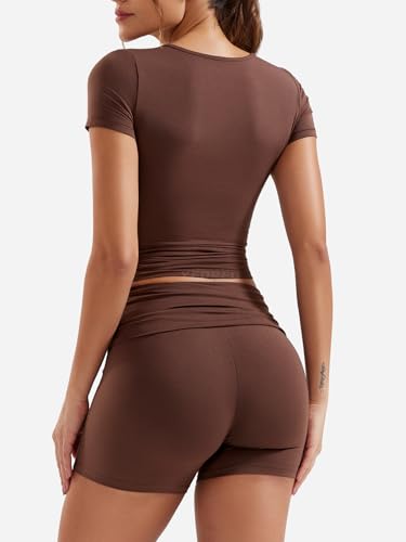 YEOREO Lounge Sets for Women 2 Piece Short Sleeve Square Neck Tops Casual Outfits Fold Over Shorts Workout Tracksuit2