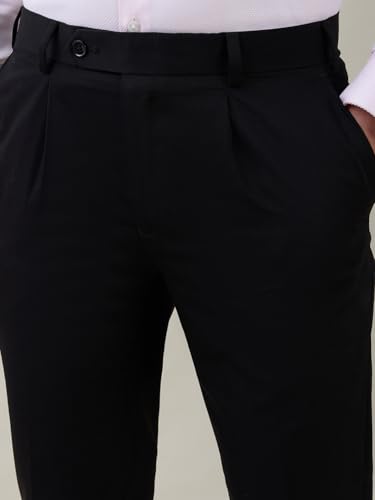 Image of Raymond Men Super Slim Fit Solid Pattern Terry Rayon Blend One Pleat Formal Trouser Black