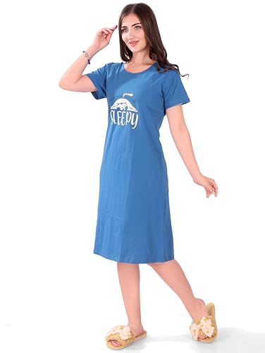 Image of Printed Knee Length Pocket Night Dresses for Women | Cat Lover | Premium Soft Cotton Nighty | Blue and Maroon