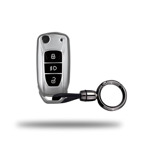 Image of SIAGO TPU Key Cover and Round Keychain Compatible for Tata Nexon | Altroz | Tiago | Punch | Harrier | Safari | Tigor 3 Button Flip Key Cover (Grey)