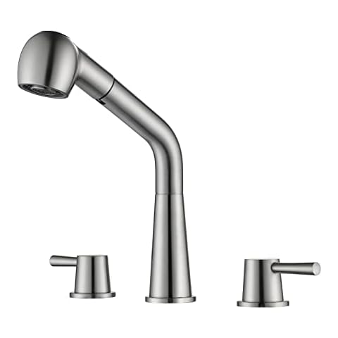 RULIA Kitchen Faucet, 2 Handles Kitchen Sink Faucet, 3 Holes Sink Faucet, Pull Out Kitchen Faucets, Bar Kitchen Faucet, Brushed Nickel, Stainless Steel, RB1060 Cover