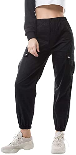 Women Casual Cargo Jogger Pants,Loose High Waisted Harem Cargo Pants,Solid Elastic Jogger Pants Teen Girls Junior (Black, M) #TOP1