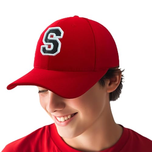 4sold – Gorra de béisbol infantil con bordado 3D en alfabeto, color rojo y negro, letra a elección (de la A a la Z), ajustable para niños y niñas, S, Talla única