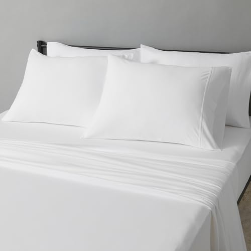 Image of Amazon Basics 100% Cotton Jersey Bed Sheet Set, King, White, Solid
