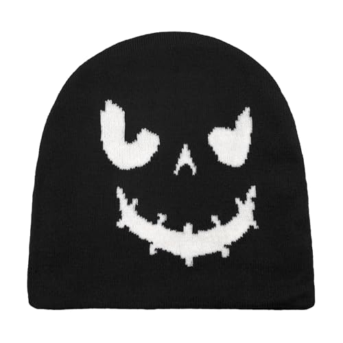 YAMEIZE Moda di Halloween Beanie Lavorato a Maglia Cappelli - per Le Donna Uomo Slouchy Cappello Autunno Inverno Gotico Divertente Skull cap Partito all'aperto (IT, Testo, Taglia Unica, Nero)