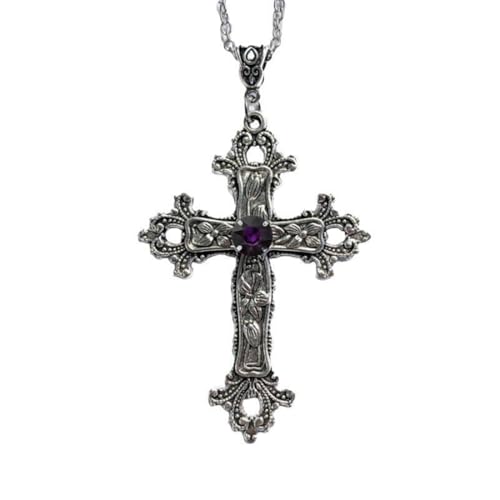Caiguoer Gotisk Silver Vintage Kors Halsband Stort Graverat Blomma Kors Halsband Halsband Halloween Accessoarer för Kvinnor Män, Una taglia, Metall
