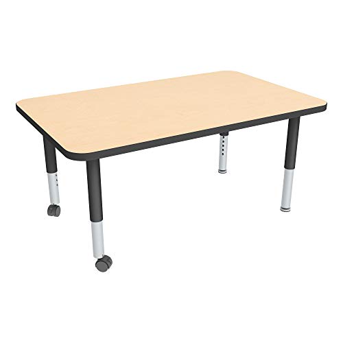 Image of Sprogs Adjustable Height Mobile Classroom Activity Table for Preschools, Rectangle Preschool Activity Table with Casters, 30 inchD x 48 inchW x 23 inchH, Maple /Black