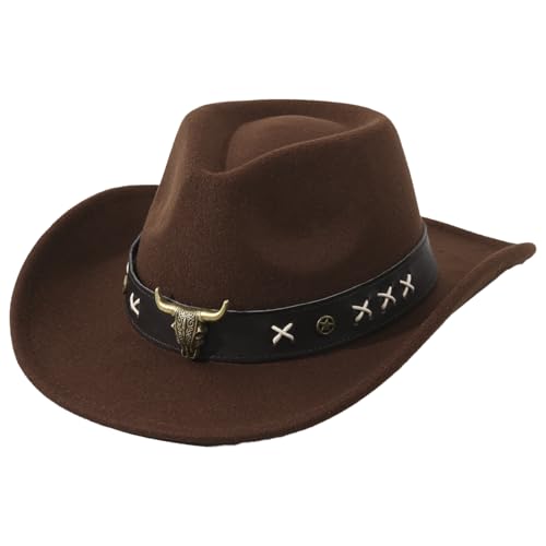 Sombrero de vaquero vintage occidental con banda de cuero para la cabeza de toro, fieltro de lana, ala ancha, elegante sombrero de vaquero para hombres y mujeres, elegante, transpirable, protección