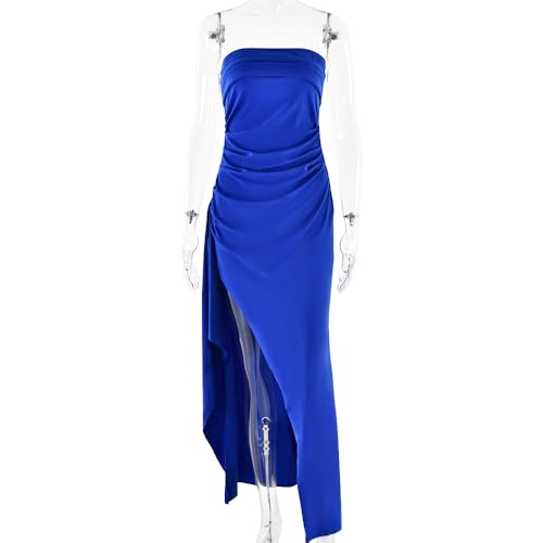 Image of Women's Sexy Strapless Backless High Split Long Maxi Dress Ruched Off Shoulder Sleeveless Bodycon Party Cocktail Dresses