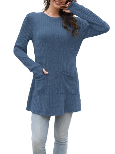 Rvinroo Dunkelblau 2XL Damen Lange Pullover Leichte Sweatshirts Tops Lässige Langarmshirt für Frauen Herbst Strickpullover Tunika Oberteile Pullover Daumenloch