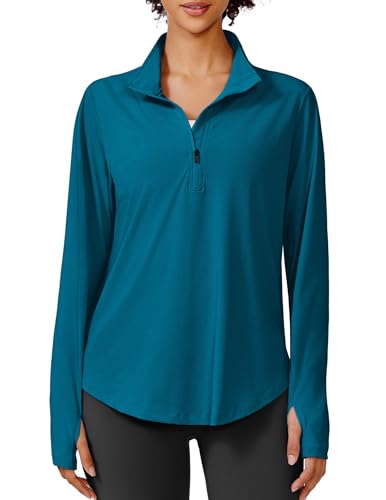PINSPARK Women's UPF 50+ Sun Shirts Long Sleeve Quarter Zip Pullover Lightweight Quick Dry Hiking Running Workout Tops Summer Clothes,Blue Green XL