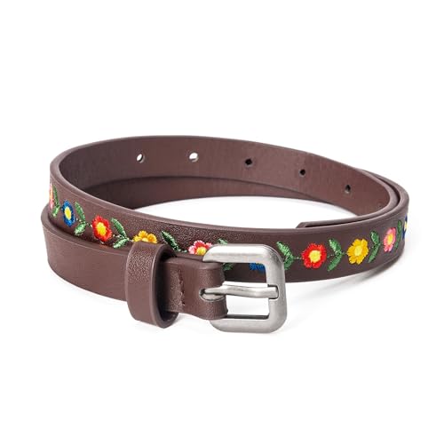 Girls' Embroidered Leather Belt – Boho Floral Pattern– Colorful Fashion Belt for Kids All Ages (4-14 y)
