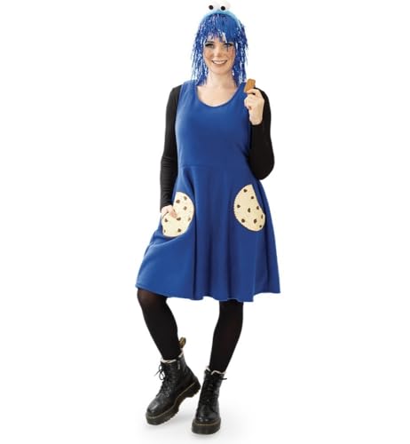 MIMIKRY Krümelmonster Fleece-Kleid mit Keks-Taschen Damen-Kostüm Keksmonster Cookie Monster, Größe:L MIMIKRY Krümelmonster Fleece-Kleid mit Keks-Taschen Damen-Kostüm Keksmonster Cookie Monster, Größe:L