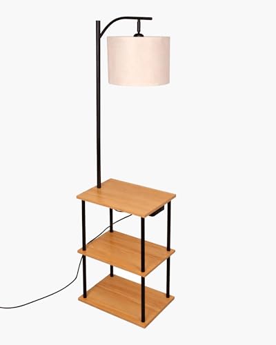 Image of Homesake Modern Floor Lamp with Wooden Shelves & Charging Station | Bedside Lamp with USB Port, Power Outlet | Corner Light, Space-Saving Side Table Lamp for Living Room & Bedroom (Beige, Off-White)