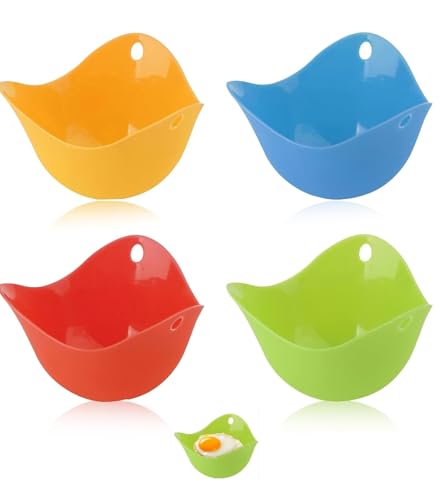 Egg Poachers (Set of 4) For Cooking Poached Eggs, LFGB Grade Silicone Egg Poacher, Poached Egg Pods, Egg Cooker, Poached Egg Maker, Microwave Egg Poachers Mold, Egg Cups (4 colors)