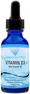 Absonutrix Vitamin D3 K2 Drops, 390mg, 4 Oz Liquid, 302 Servings, Made in USA, Quick Absorption, Quality Potent Ingredients, Non-GMO, GMP Certified, Cruelty-Free Products, Bone Strength Supplements