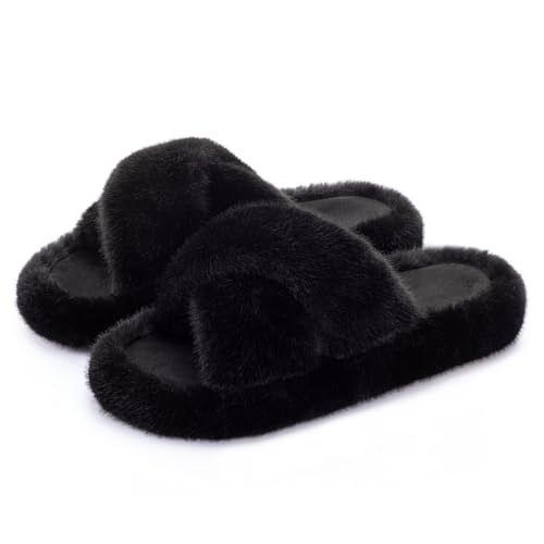 RockDove Womens Furrie Faux Fur Slide Slippers Arch Support Memory Foam Non Slip Indoor Outdoor Washable Gift Ready Size 7-8 US Women Black Cross