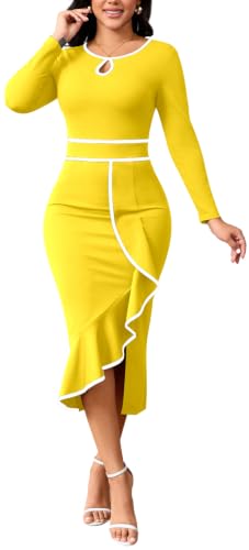 Image of Women's Elegant Church Vintage Bodycon Dress Casual Long Sleeve Work Business Pencil Split Sheath Midi Dresses