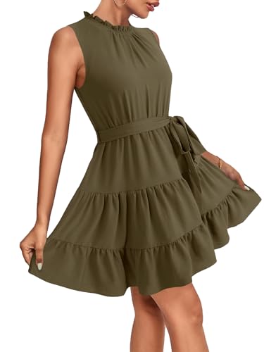 Umenlele Women's Ruched Trim Crewneck Sleeveless Tie Knot High Waist Ruffle Layered Short Dress4