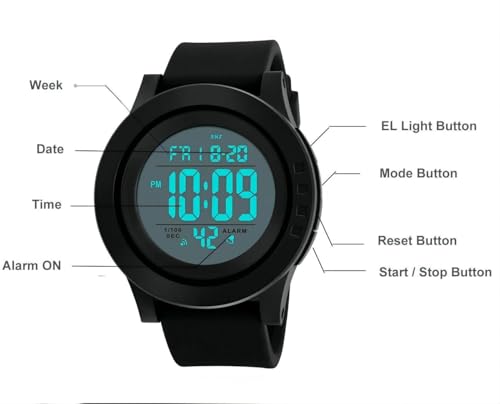 Men's Digital Sports Wrist Watch LED Screen Large Face Electronics Military Watches Waterproof Alarm Stopwatch Back Light Outdoor Casual Watch - Black