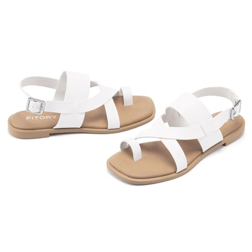 Fitory Womens Flat Adjustable Strap Sandals With Casual Fashion Slingback Slides And Split Toes Style For Lady Summer White Size 9 thumb #1