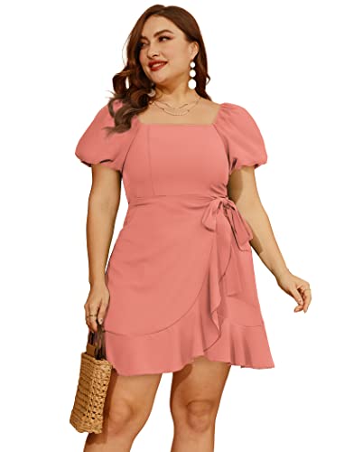 Image of Sampeel Womens Summer Dresses Square Neck Puff Sleeve Tie Waist Short Dress