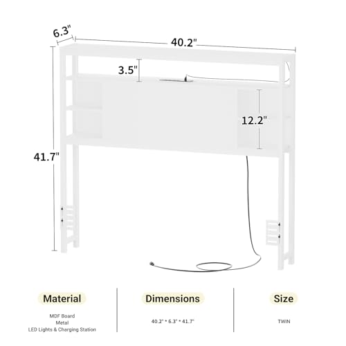 Unikito Twin Headboard with Storage, Headboard with Power Outlets and Smart LED Lights, Sturdy Head Board for Twin Size Bed, Stable Headboards Only for Bedroom, Dorm Room, Guest Room, White by Unikito - Image 5