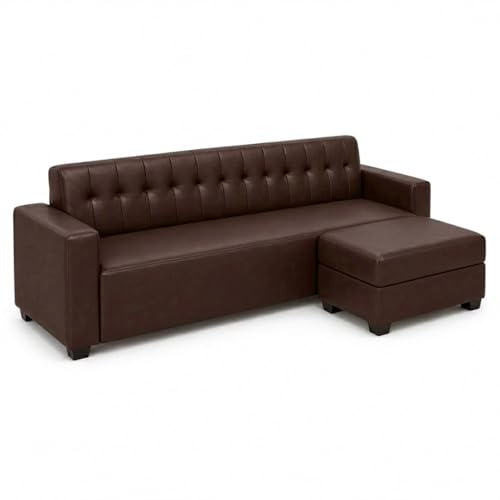 Image of FURNY Luxe 4 Seater L Shape Sofa Set with Movable Ottoman | Flexible Left or Right Layout | Premium Leatherette Upholstery (Dark Brown) | Perfect for Living Room, Guest Room & Office