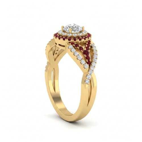 Image of Choose Your Gemstone Round Twisted Pave Double Halo Diamond CZ Ring Yellow Gold Plated Round Shape Double Halo Engagement Ring for Women, and Ladies US Size 4 to 12