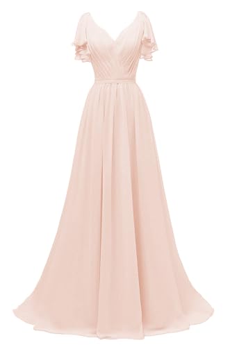Image of Yexinbridal Ruffle Sleeves Bridesmaid Dresses V-Neck Chiffon Long Formal Wedding Evening Party Gowns for Women