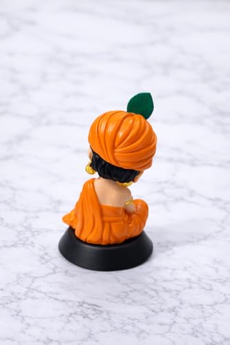 Image of Bal Krishna Idol for Car Dashboard | Premium Laddu Gopal Figurine for Home, Office & Car Decor | Baby Krishna Murti | Hindu God Statue | Spiritual Gift & Decorative Idol | Krishan Close Eye | Orange