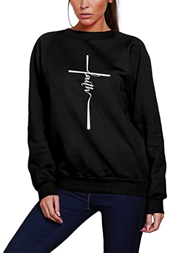 HotScamp Faith - Youth & Womens Sweatshirt - Christian Cross Jesus S Black