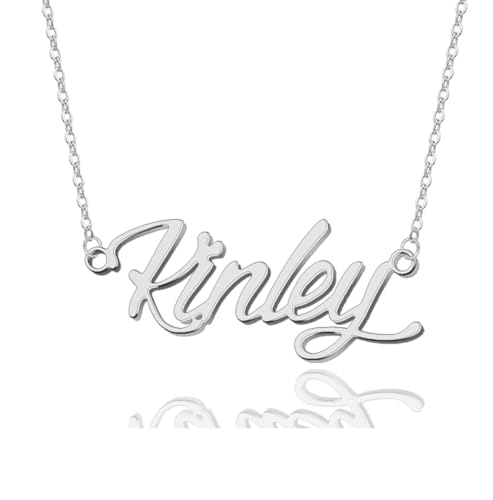 AOLO Kinley Name Necklace for Women Silver Stainless Steel - Personalized Nameplate Jewelry Birthday Gift for Mom Adjustable Chain 16-18 Inch