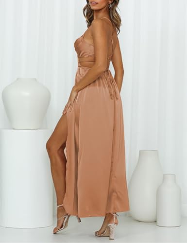 Women's Satin Cowl Neck Backless Maxi Dress Sexy Tie Back Spaghetti Strap Ruched Wedding Guest Slit Long Dresses3