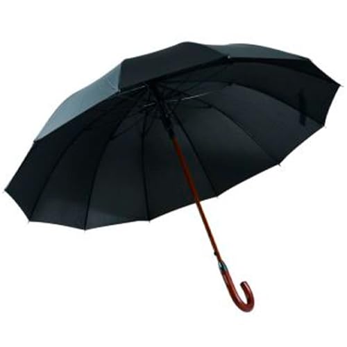 AC - Paraguas largo de caballero con mango de madera, poliéster, antiviento, apertura automática, 12 varillas de fibra, compacto - Ø 110 x 91,5 cm - Negro