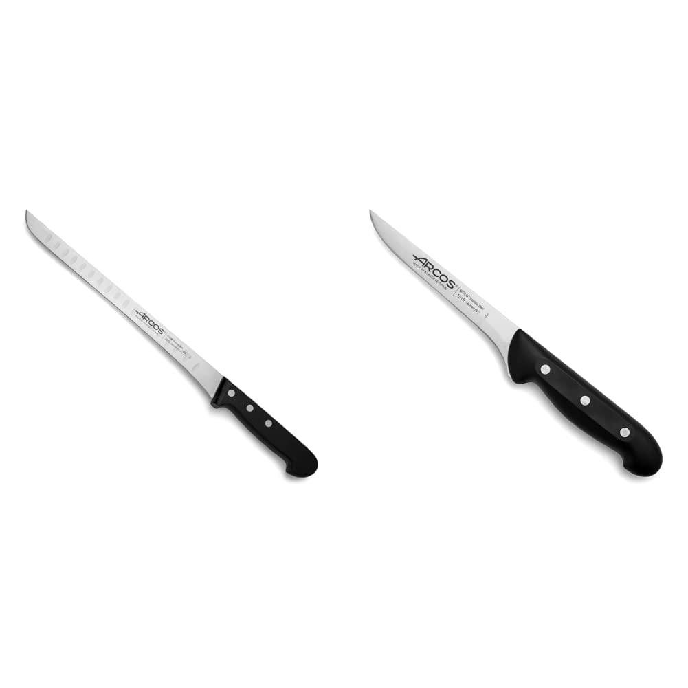 Arcos Cuchillo Jamonero de Acero Inoxidable. Cuchillo para cortar jamón y carne. Mango ergonómico polioximetileno y Hoja hueca 280 mm. & Cuchillo deshuesador con Hoja Acero Inoxidable Nitrum 160 mm