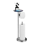 Free-standing Toilet Roll Holder, NEWRAIN Stainless Steel Free Standing Toilet Roll Holder with Shelf for Phone & Small Items, Brushed Nickel Bathroom Tissue Paper Holder with Storage