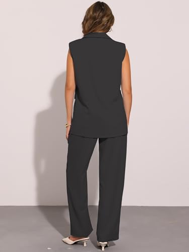 Allegra K Women's 2 Piece Set Business Casual Outfits Sleeveless Blazer and Wide Leg Dressy Pant Suits4