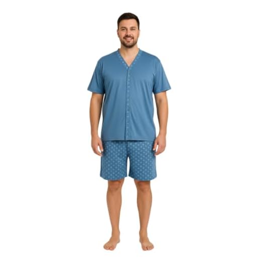 Pijama Masculino Adulto Botão Gola V Manga Shorts Curto Quentinho Macio Confortável (Azul, P)