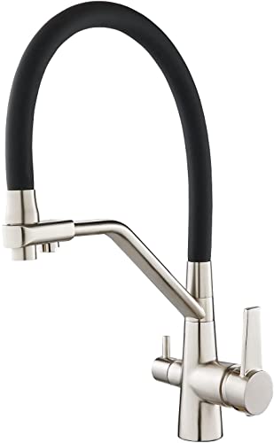 OUGOO Grifo giratorio de 360°, grifo de cocina de 3 vías, grifo de cocina 3 en 1 para filtro de agua, grifo de acero inoxidable, grifo potable con 2 palancas, cepillado Cover