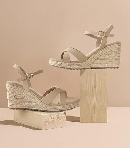 Image of Ankis Wedge Sandals for Women, Espadrille Womens Wedge Sandals Comfortable Open Toe Cross Band Ankle Strap High Heel Wedges for Women Dressy Summer -3.4Inch